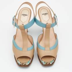 Fendi Beige/Blue Lizard Embossed And Leather Fendista T Strap Platform Sandals Size 37