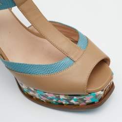 Fendi Beige/Blue Lizard Embossed And Leather Fendista T Strap Platform Sandals Size 37