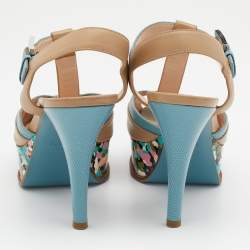 Fendi Beige/Blue Lizard Embossed And Leather Fendista T Strap Platform Sandals Size 37