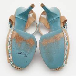 Fendi Beige/Blue Lizard Embossed And Leather Fendista T Strap Platform Sandals Size 37