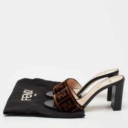 مملوكة مسبقًا Fendi Brown/Black Zucca Velvet Block Heel Slide Sandals Size 38