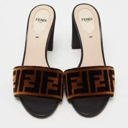 مملوكة مسبقًا Fendi Brown/Black Zucca Velvet Block Heel Slide Sandals Size 38