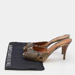 Pre Owned Fendi Beige/Brown Python Embossed Leather Peep Toe Mules Size 38.5