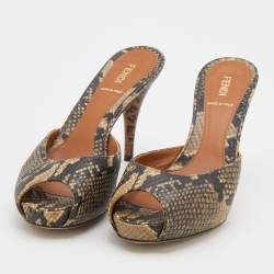 Pre Owned Fendi Beige/Brown Python Embossed Leather Peep Toe Mules Size 38.5