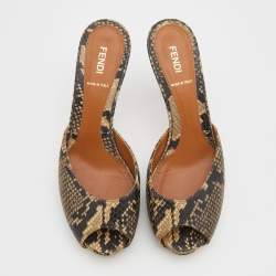 Pre Owned Fendi Beige/Brown Python Embossed Leather Peep Toe Mules Size 38.5