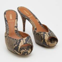 Pre Owned Fendi Beige/Brown Python Embossed Leather Peep Toe Mules Size 38.5