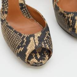 Pre Owned Fendi Beige/Brown Python Embossed Leather Peep Toe Mules Size 38.5