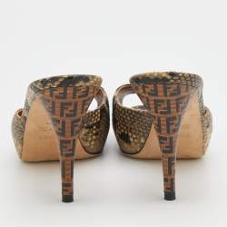 Pre Owned Fendi Beige/Brown Python Embossed Leather Peep Toe Mules Size 38.5