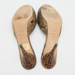 Pre Owned Fendi Beige/Brown Python Embossed Leather Peep Toe Mules Size 38.5