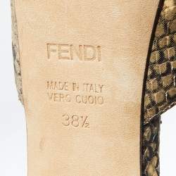 Pre Owned Fendi Beige/Brown Python Embossed Leather Peep Toe Mules Size 38.5