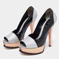 Pre Owned Fendi Tri Color Lizard Embossed And Patent Leather Fendista Peep Toe Platform Pumps Size 38