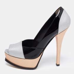 Pre Owned Fendi Tri Color Lizard Embossed And Patent Leather Fendista Peep Toe Platform Pumps Size 38