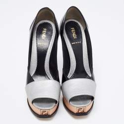 Pre Owned Fendi Tri Color Lizard Embossed And Patent Leather Fendista Peep Toe Platform Pumps Size 38