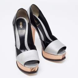 Pre Owned Fendi Tri Color Lizard Embossed And Patent Leather Fendista Peep Toe Platform Pumps Size 38