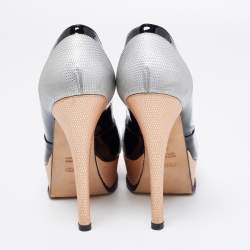 Pre Owned Fendi Tri Color Lizard Embossed And Patent Leather Fendista Peep Toe Platform Pumps Size 38