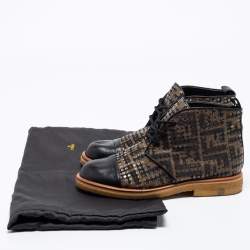 Pre Owned Fendi Brown Leather And Canvas Monogram FF Zucca Ankle Boots Size 38