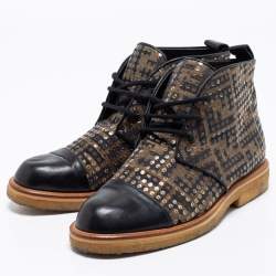 Pre Owned Fendi Brown Leather And Canvas Monogram FF Zucca Ankle Boots Size 38