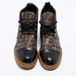 Pre Owned Fendi Brown Leather And Canvas Monogram FF Zucca Ankle Boots Size 38