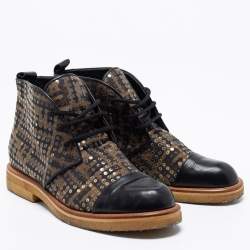 Pre Owned Fendi Brown Leather And Canvas Monogram FF Zucca Ankle Boots Size 38