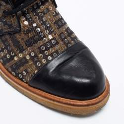 Pre Owned Fendi Brown Leather And Canvas Monogram FF Zucca Ankle Boots Size 38