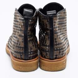 Pre Owned Fendi Brown Leather And Canvas Monogram FF Zucca Ankle Boots Size 38