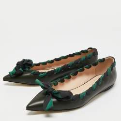 Pre Owned Fendi Dark Green Leather And Fabric Bow Pointed Toe Ballet Flats Size 38
