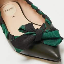 Pre Owned Fendi Dark Green Leather And Fabric Bow Pointed Toe Ballet Flats Size 38