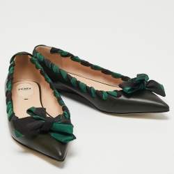 Pre Owned Fendi Dark Green Leather And Fabric Bow Pointed Toe Ballet Flats Size 38