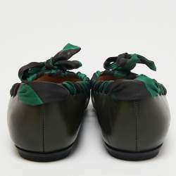 Pre Owned Fendi Dark Green Leather And Fabric Bow Pointed Toe Ballet Flats Size 38
