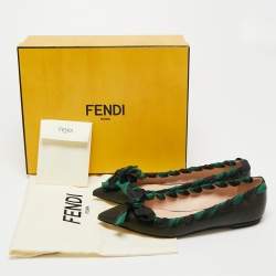 Pre Owned Fendi Dark Green Leather And Fabric Bow Pointed Toe Ballet Flats Size 38