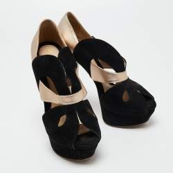 Pre Owned Fendi Black/Gold Leather/Suede Platform Pumps Size 37