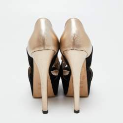 Pre Owned Fendi Black/Gold Leather/Suede Platform Pumps Size 37
