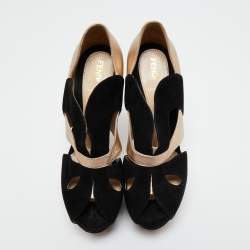 Pre Owned Fendi Black/Gold Leather/Suede Platform Pumps Size 37