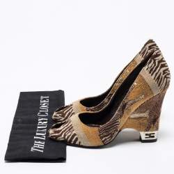 Pre Owned Fendi Brown Jacquard Canvas Peep Toe Pumps Size 36.5