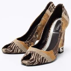 Pre Owned Fendi Brown Jacquard Canvas Peep Toe Pumps Size 36.5