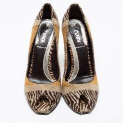 Pre Owned Fendi Brown Jacquard Canvas Peep Toe Pumps Size 36.5