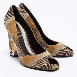 Pre Owned Fendi Brown Jacquard Canvas Peep Toe Pumps Size 36.5