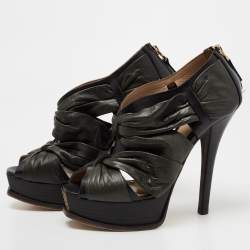 Pre Owned Fendi Black Pleated Leather Peep Toe Ankle Booties Size 38