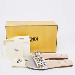 Fendi Silver Leather Flowerland Flat Slides 39