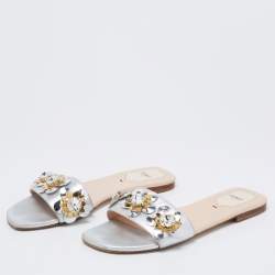 Fendi Silver Leather Flowerland Flat Slides 39
