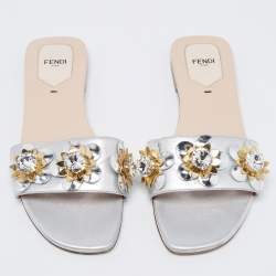Fendi Silver Leather Flowerland Flat Slides 39