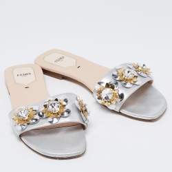 Fendi Silver Leather Flowerland Flat Slides 39
