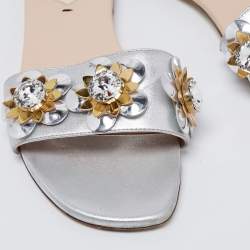 Fendi Silver Leather Flowerland Flat Slides 39