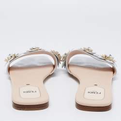 Fendi Silver Leather Flowerland Flat Slides 39