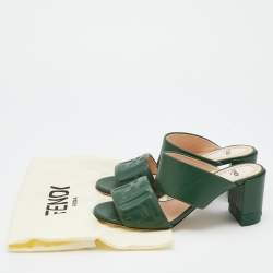 Pre Owned Fendi Green Leather FF Embossed Logo Mules Size 38