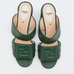 Pre Owned Fendi Green Leather FF Embossed Logo Mules Size 38
