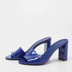 Pre Owned Fendi Blue Patent Leather Block Heel Slides Size 39