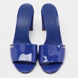 Pre Owned Fendi Blue Patent Leather Block Heel Slides Size 39