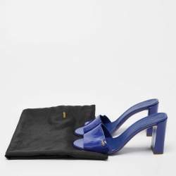 Pre Owned Fendi Blue Patent Leather Block Heel Slides Size 39