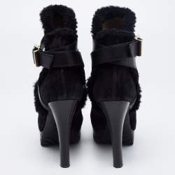 Pre Owned Fendi Black Suede, Leather and Fur Platform Ankle Booties Size 35